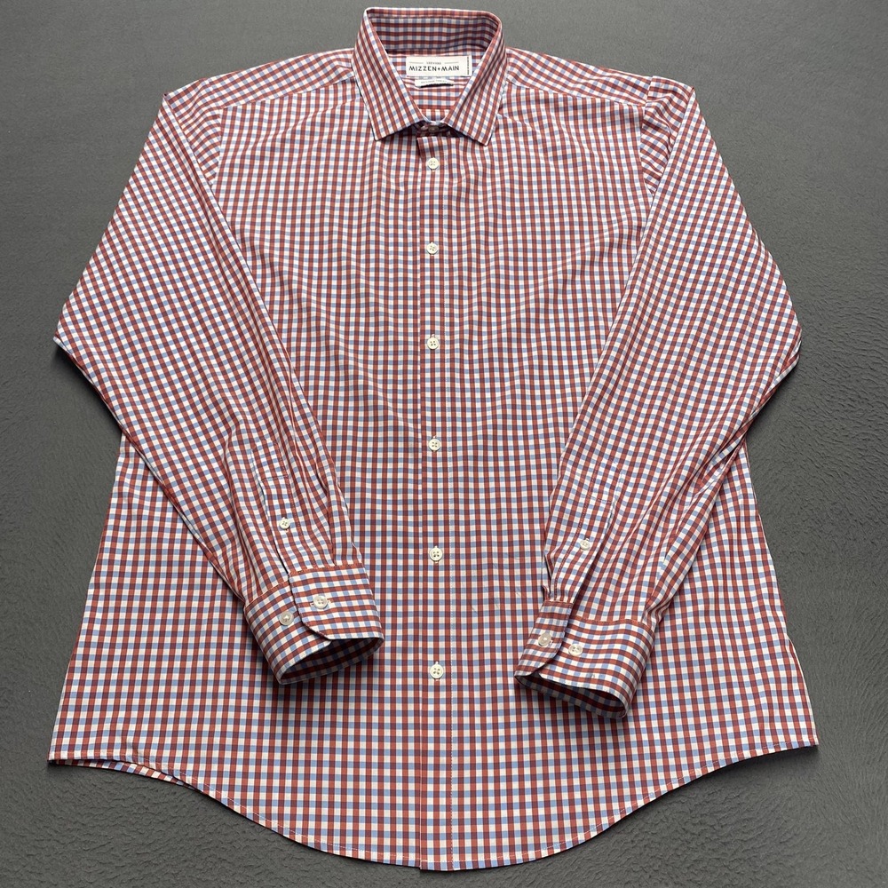 Mizzen+Main Shirt‎ Mens 2XL Red Blue Check Leeward Trim Fit Long Sleeve Stretch